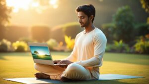 person meditating while working on a laptop