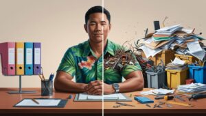 Graphic illustrating a tidy versus cluttered workspace, symbolizing a clear versus cluttered mind.