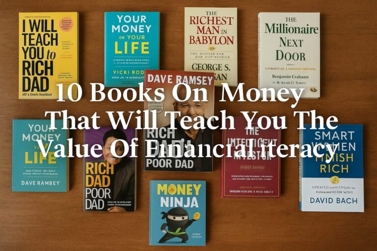 A flat lay of ten personal finance books arranged on a wooden table, with the title “10 Books On Money That Will Teach You The Value Of Financial Literacy” overlaid in bold white text