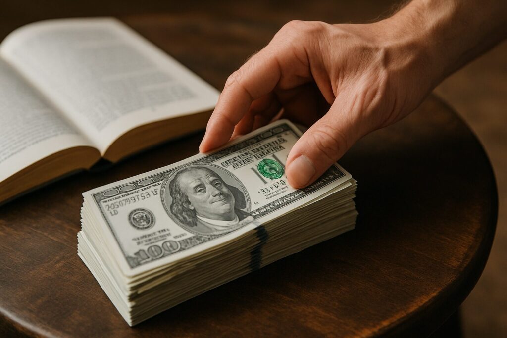 Close-up of a hand placing a $100 bill on a stack with an open book nearby, symbolizing financial clarity.”