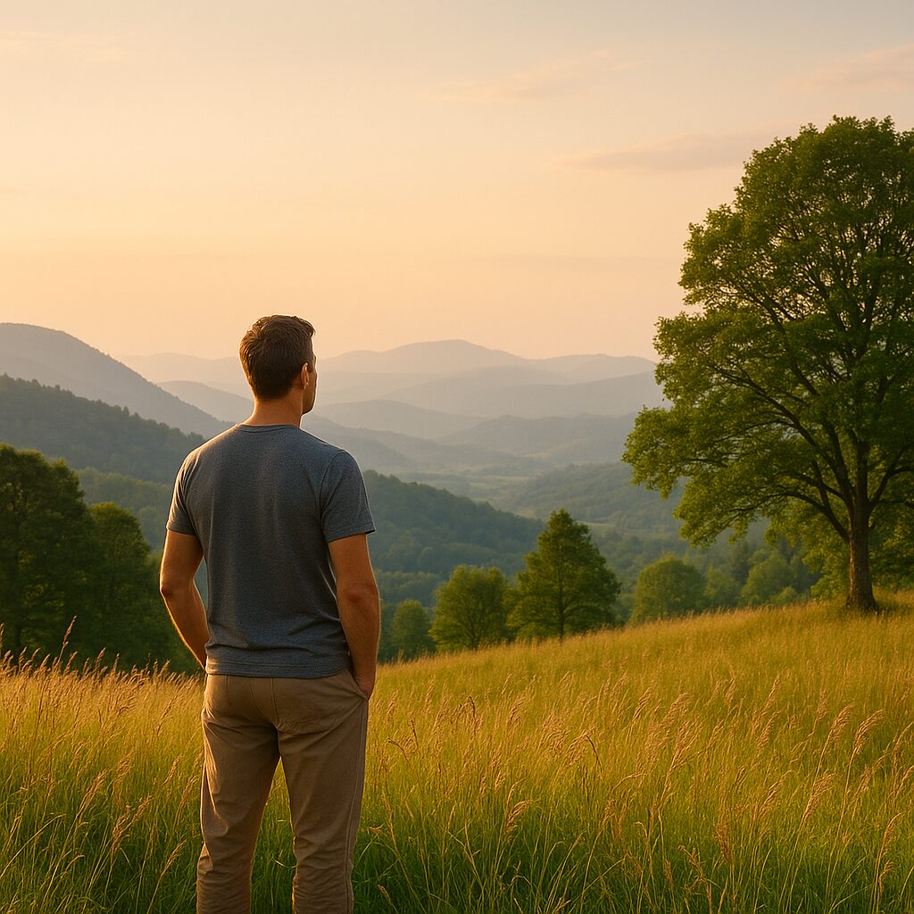 Man standing in a golden field, gazing at mountains, representing future vision and mindful success