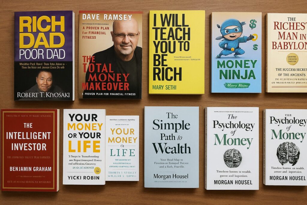 Ten top financial literacy books laid out in rows on a wooden surface, including titles such as Rich Dad Poor Dad, The Total Money Makeover, Money Ninja, and The Psychology of Money, all clearly visible in full color.