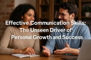 A young woman and man smiling and talking across a wooden table, with the title "Effective Communication Skills: The Unseen Driver of Personal Growth and Success" displayed in bold white text