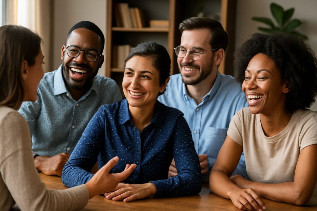 A diverse group of five people smiling and talking around a wooden table, demonstrating strong social connection and communication