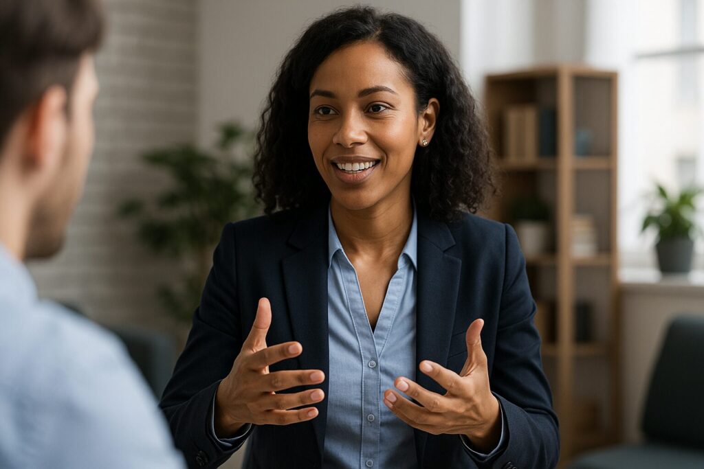 A confident professional woman smiling and using expressive hand gestures during a conversation in a bright, modern office setting