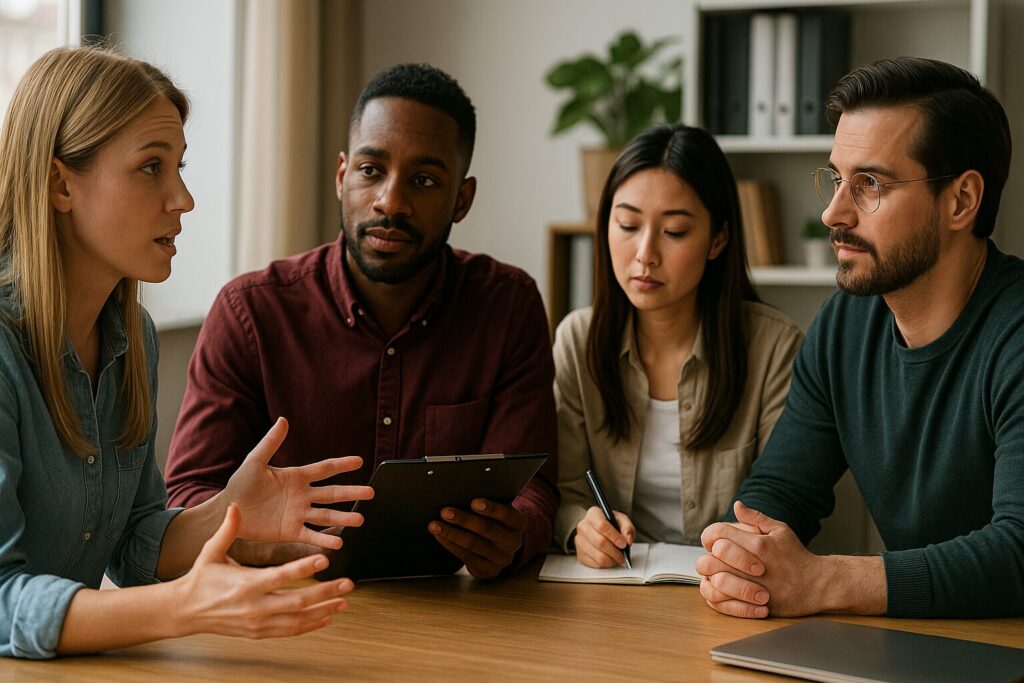 Four professionals engaged in a focused team conversation, with one woman speaking as the others actively listen and take notes