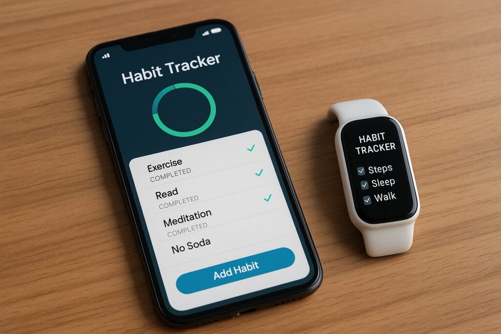 A digital photograph showcases a modern smartphone and a white fitness tracker on a wooden surface, both displaying habit-tracking apps with completed goals like exercise, meditation, steps, and sleep, emphasizing their role in daily productivity and wellness