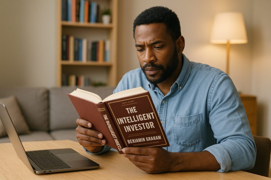 A man sitting at a home desk reading The Intelligent Investor by Benjamin Graham, surrounded by a laptop and bookshelf in a cozy, well-lit room.