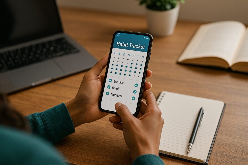 A woman tracks her daily goals on a smartphone habit-tracking app while sitting at a wooden desk. Surrounding items include a laptop, notepad, pen, and open book, reflecting a productive and mindful atmosphere.