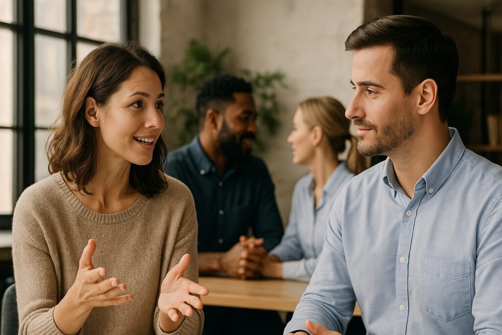 Two pairs of colleagues in a sunlit office having animated discussions, showcasing active listening and engaged communication