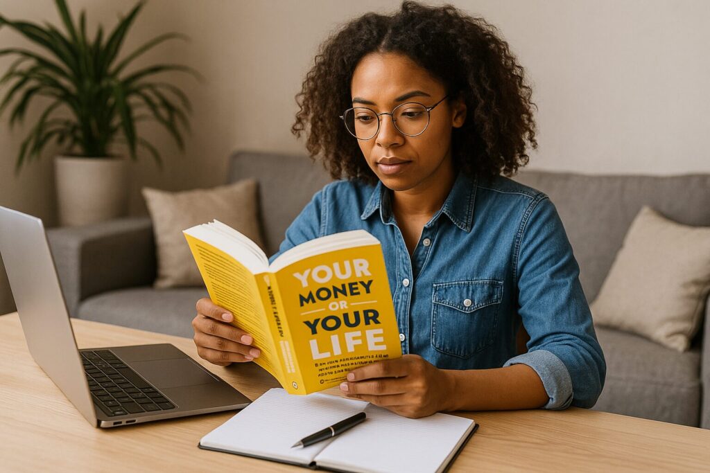 A young woman focused on reading Your Money or Your Life at a table with a laptop, notepad, and pen in a modern living space.