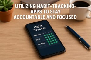 A smartphone on a wooden desk displays a habit-tracking app interface with habits like exercise, reading, and meditation marked completed. A coffee mug, pen, and potted plant complete the productive setup, with the article title "Utilizing Habit-Tracking Apps to Stay Accountable and Focused" overlaid.