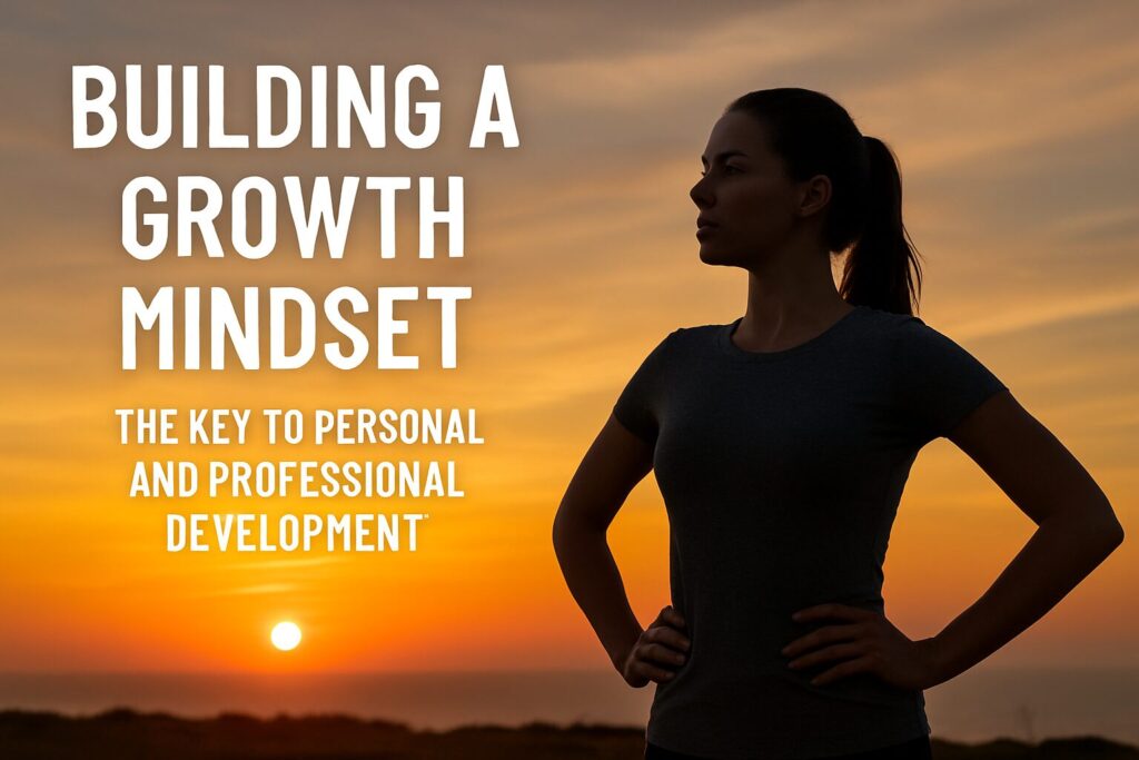 Confident woman standing tall at sunset with hands on hips, representing strength, resilience, and a growth mindset attitude.