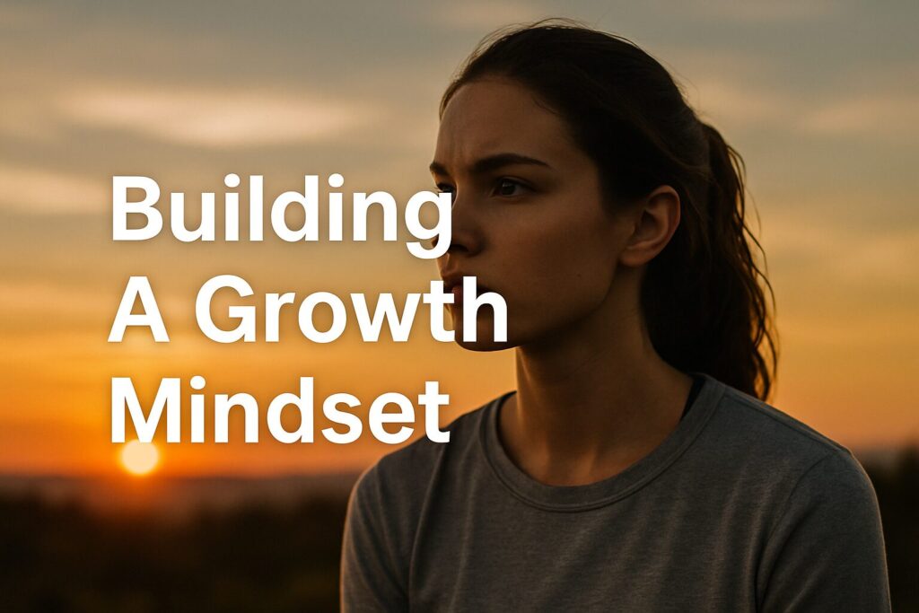 Focused young woman in a gray shirt standing against a dramatic sunset, contemplating future goals with overlaid text ‘Building A Growth Mindset