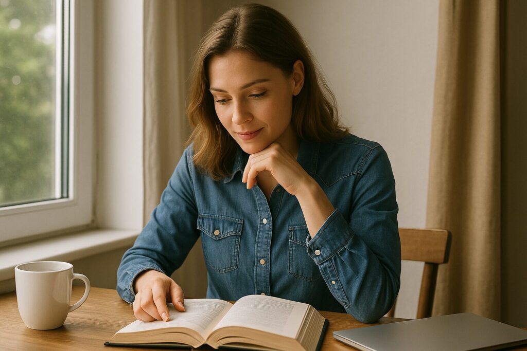 Young woman sitting by a sunny window, focused on reading a personal development book, representing growth mindset learning habits