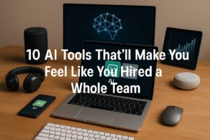 A high-resolution digital photo of a workspace featuring various AI tools on screen, with the title “10 AI Tools That’ll Make You Feel Like You Hired a Whole Team” overlayed in bold white text.