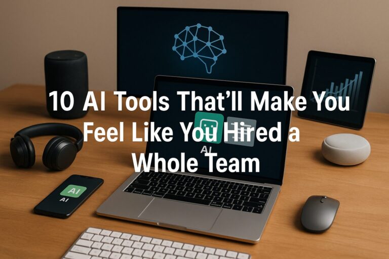 A high-resolution digital photo of a workspace featuring various AI tools on screen, with the title “10 AI Tools That’ll Make You Feel Like You Hired a Whole Team” overlayed in bold white text.