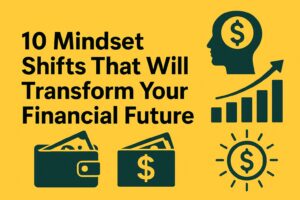 Bold title graphic reading ‘10 Mindset Shifts That Will Transform Your Financial Future’ with financial icons including a brain, wallet, bar chart, and dollar symbol