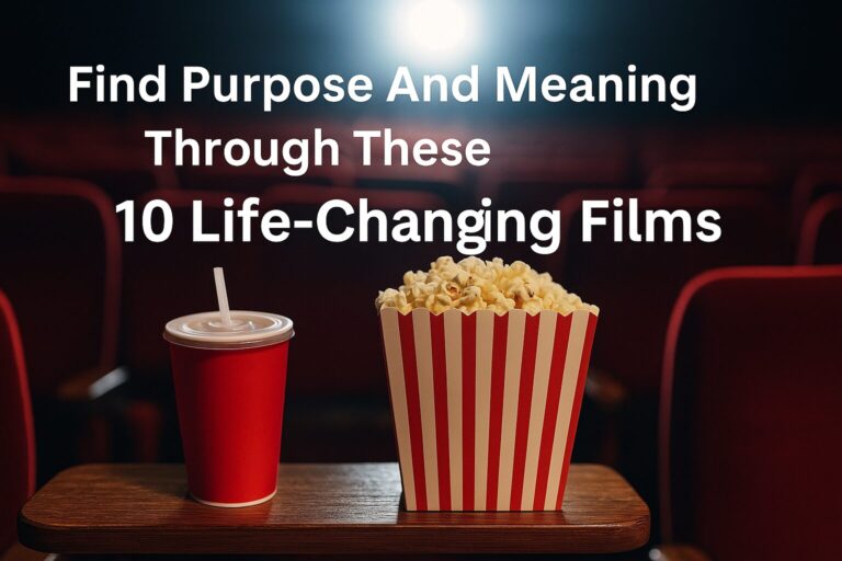 A digital promotional image featuring the title “Find Purpose and Meaning Through These 10 Life-Changing Films” with cinematic visuals in the background.