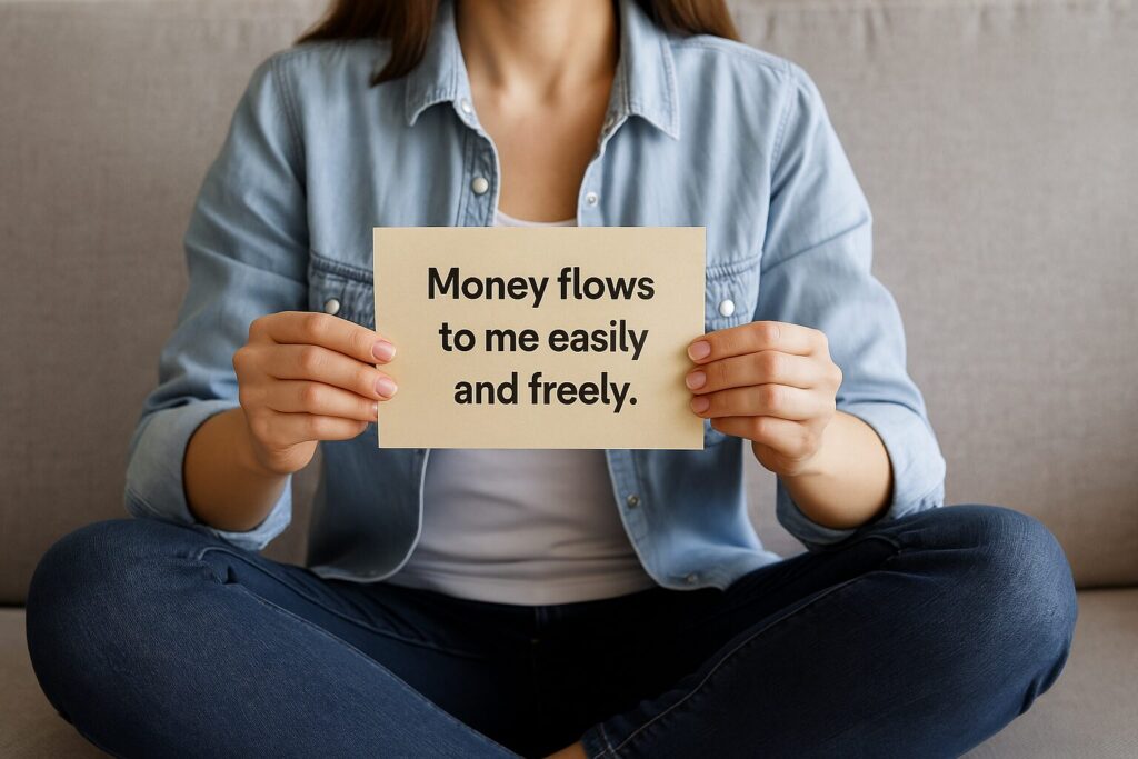 A young Caucasian woman smiles while holding a motivational affirmation card, sitting in a bright and cozy living space.