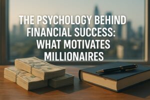 A photo with stacks of $100 bills and a dark blue book with a pen on a wooden table in front of a blurred city view. Overlaid text reads: “The Psychology Behind Financial Success: What Motivates Millionaires.”