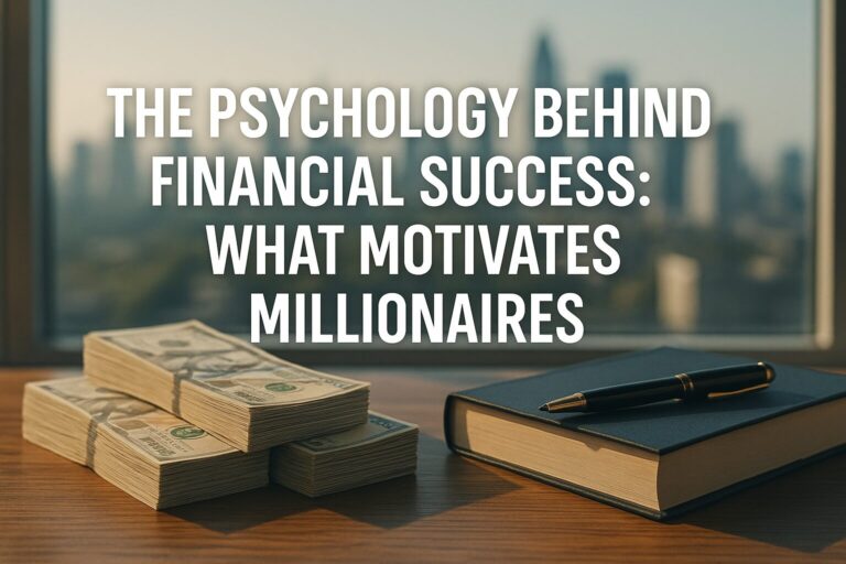 A photo with stacks of $100 bills and a dark blue book with a pen on a wooden table in front of a blurred city view. Overlaid text reads: “The Psychology Behind Financial Success: What Motivates Millionaires.”