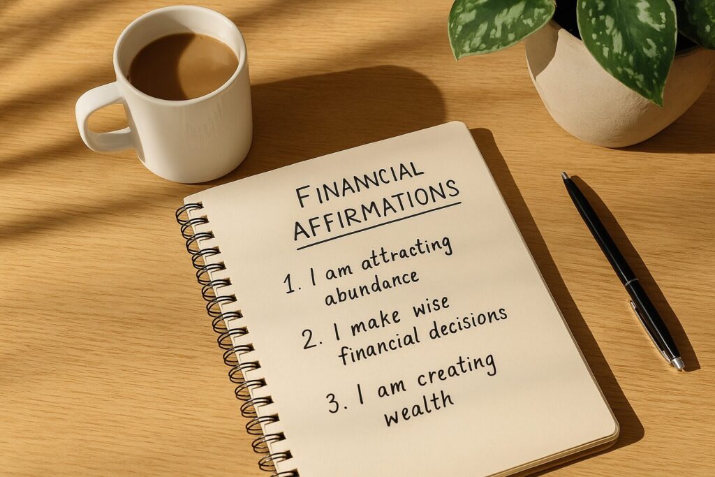 A light wooden desk with a handwritten affirmation journal, lit by soft morning light from a nearby window, evoking calm and intention during a daily finance mindset routine.
