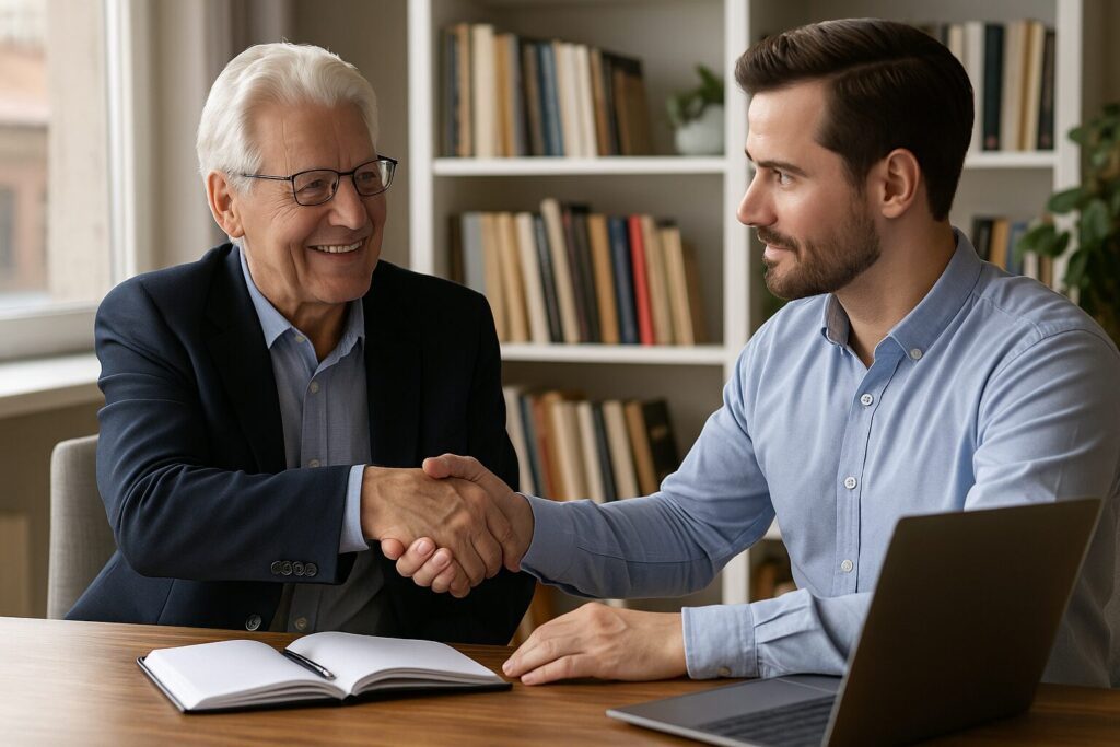 An older mentor in a blazer shakes hands with a younger man across a wooden office table during a financial discussion, bookshelves in the background