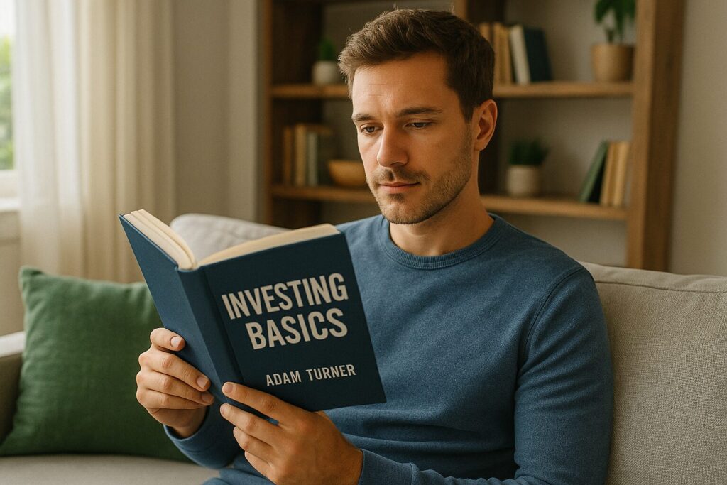 A young Caucasian man with short hair reads a personal finance book at his modern home office desk, surrounded by a laptop and journal.
