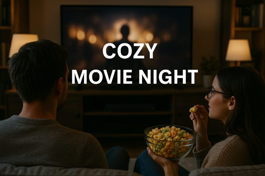 Two friends sitting on a couch in a warmly lit room watching a movie, their expressions engaged, highlighting a shared cinematic moment.