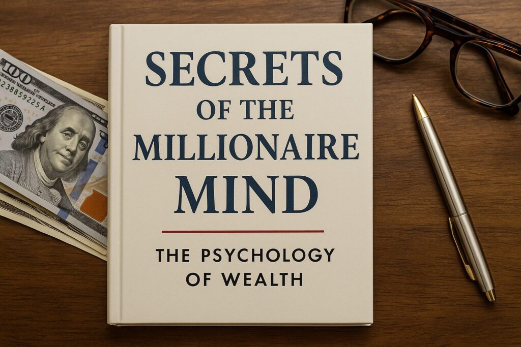 A hardcover copy of Secrets of the Millionaire Mind sits on a wooden surface next to dollar bills, a gold pen, and a pair of tortoiseshell glasses, highlighting financial education
