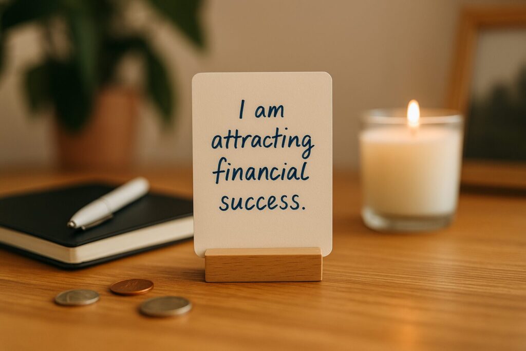 A handwritten affirmation card that reads “I am aligned with wealth and prosperity” sits upright on a clean desk with soft lighting and minimalist decor.