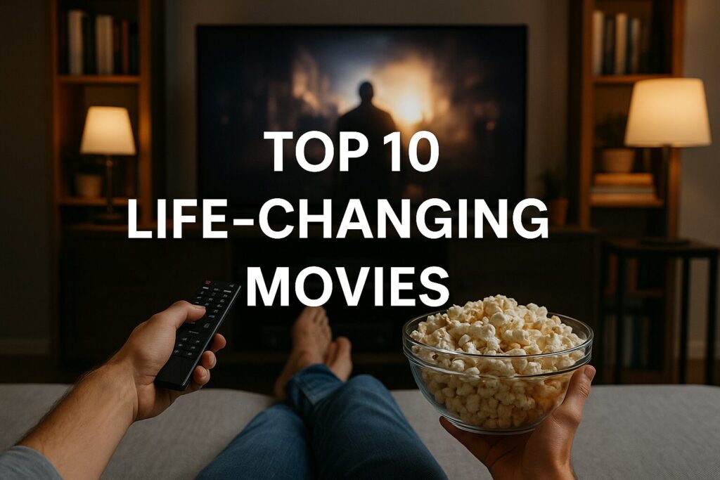 A cozy living room setup with dim lighting and a projector screen showing a movie as someone sits wrapped in a blanket, evoking an introspective film experience.