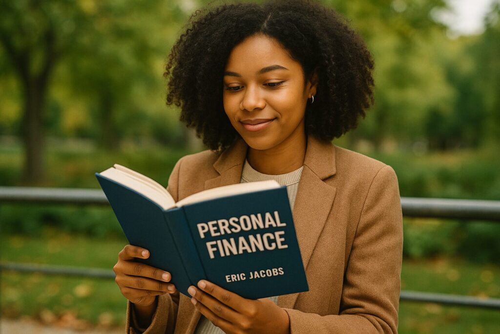 A young African-American woman reads a financial book while seated comfortably on a living room couch with warm lighting and a coffee mug nearby