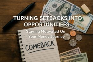 A spiral notebook with "COMEBACK" written on it sits beside US currency and coins on a wooden desk. The overlaid text reads “TURNING SETBACKS INTO OPPORTUNITIES: Staying Motivated On Your Money Journey.”