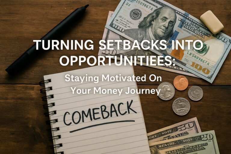 A spiral notebook with "COMEBACK" written on it sits beside US currency and coins on a wooden desk. The overlaid text reads “TURNING SETBACKS INTO OPPORTUNITIES: Staying Motivated On Your Money Journey.”