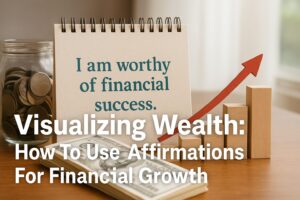 A desk scene with affirmation cards, journal, and currency notes, overlaid with the text: “Visualizing Wealth: How To Use Affirmations For Financial Growth.”