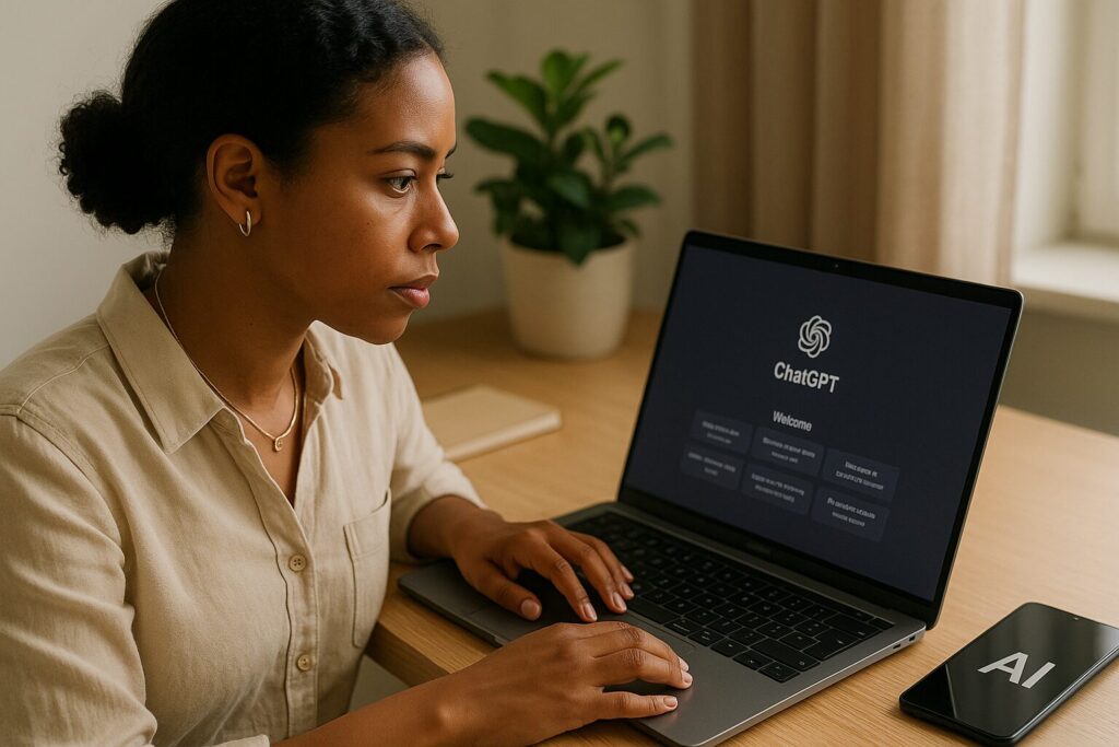 A high-resolution image of an African American woman working on a laptop at home, using AI productivity tools in a creative workspace