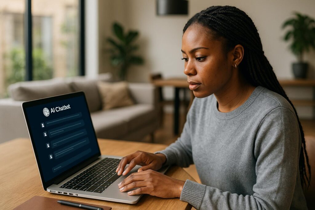 A young African American woman in a bright office working on a laptop with AI-driven productivity software open.