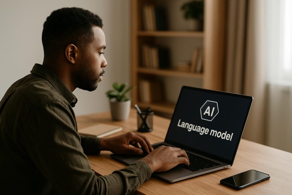 African American in modern workspace with a laptop, and cell phone all running AI software, ideal for multitasking and blog productivity