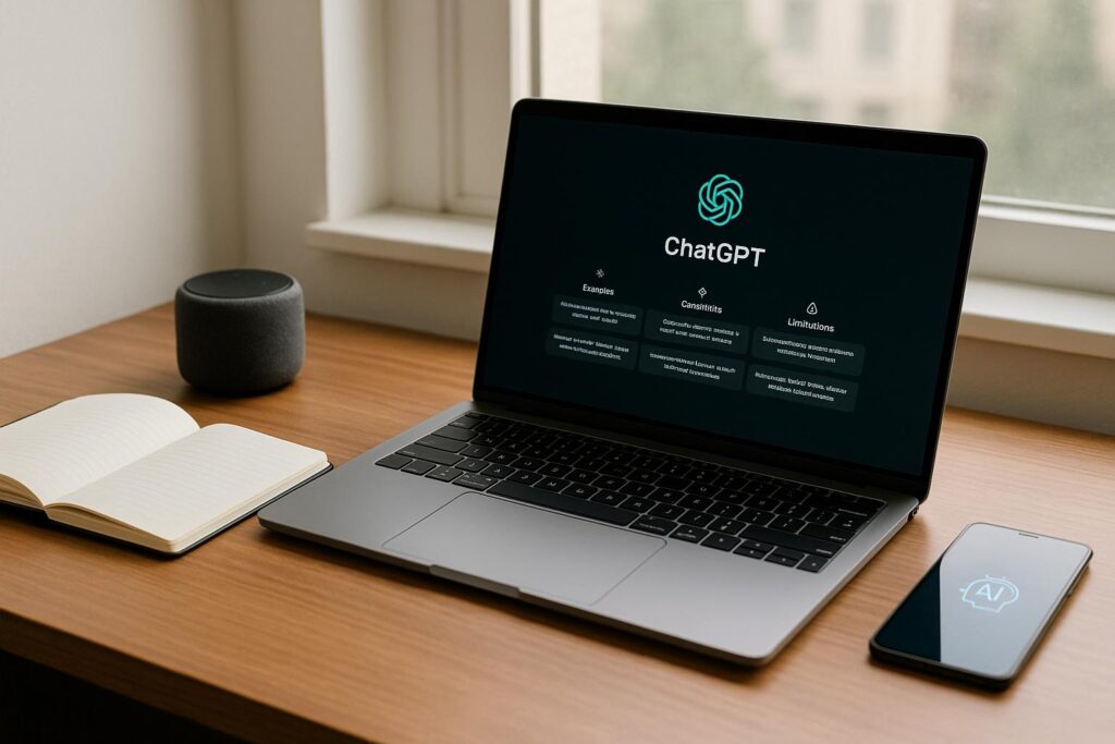 A serene blogging setup with a laptop displaying ChatGPT, next to an open notebook, smart speaker, and smartphone with an AI icon, all illuminated by soft natural window light on a wooden desk