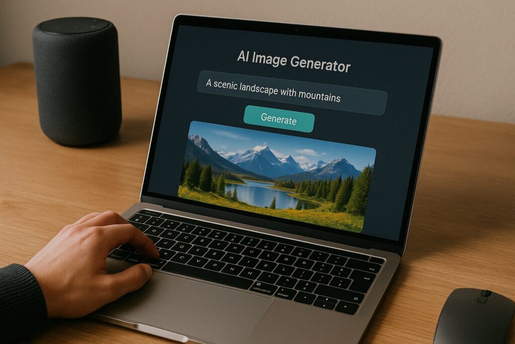 A close-up of a person using a laptop displaying an AI image generation app with a scenic result, set on a wooden desk alongside a wireless mouse and smart speaker.