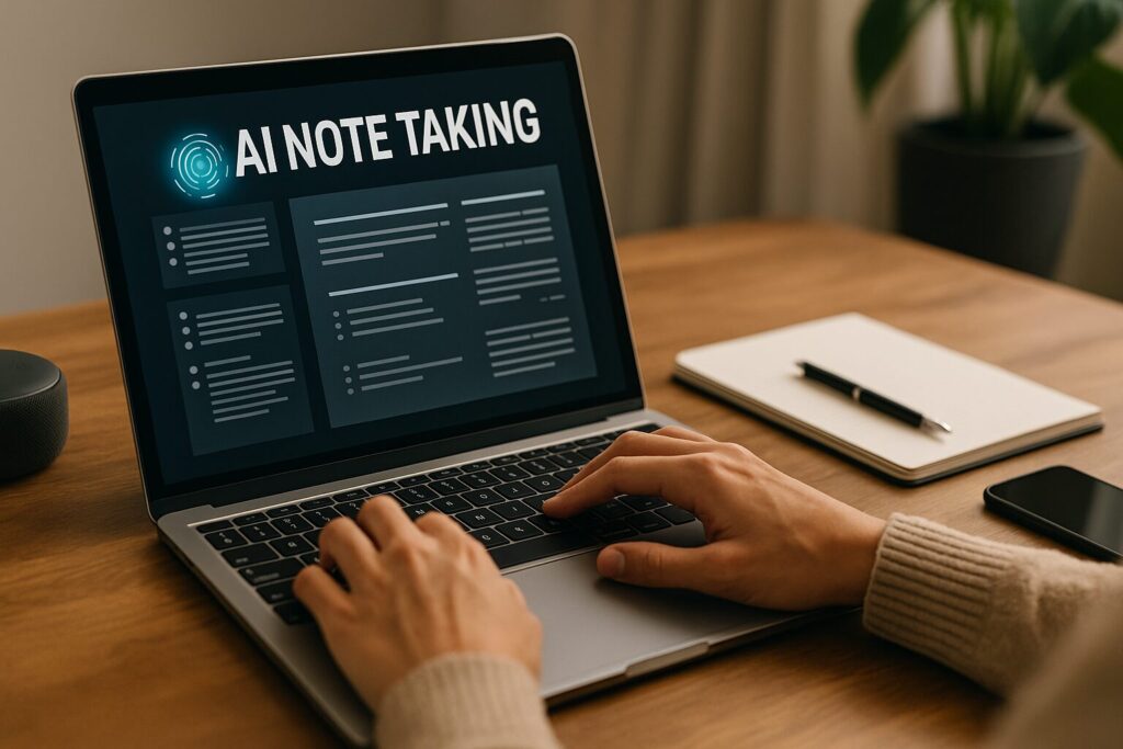 A photo of a person typing on a laptop with an AI-powered note-taking application open, surrounded by a smart speaker, notebook, and smartphone on a wooden desk.