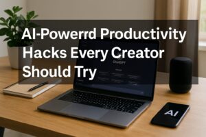 A modern workspace with the title “AI-Powered Productivity Hacks Every Creator Should Try” displayed on a screen, alongside a laptop and digital tools representing AI in content creation