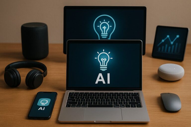 A tech-themed workspace with a laptop, smartphone, and tablet all showing glowing AI icons, accompanied by smart speakers and headphones for a futuristic setup.