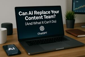 A modern workspace setup with the title 'Can AI Replace Your Content Team?' displayed on a desktop screen alongside productivity tools