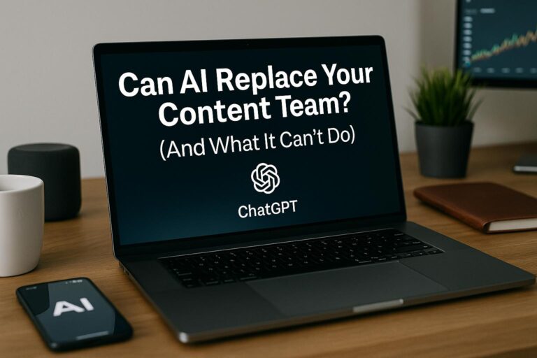 A modern workspace setup with the title 'Can AI Replace Your Content Team?' displayed on a desktop screen alongside productivity tools