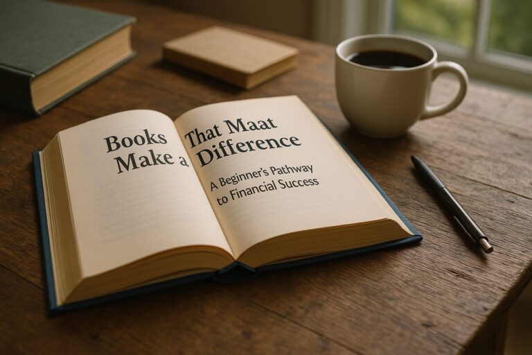 An open hardcover book titled “Books That Make A Difference” sits on a wooden desk surrounded by coins and dollar bills, with overlaid text promoting financial literacy.