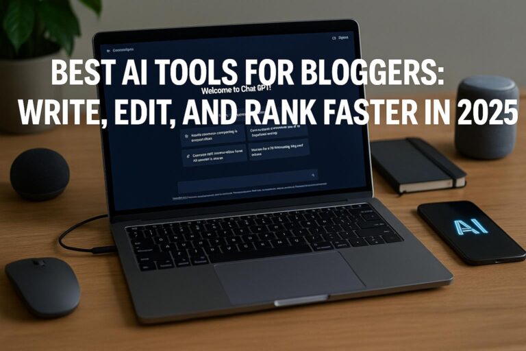 A modern workspace with a laptop displaying ChatGPT and the bold title overlay, “Best AI Tools for Bloggers: Write, Edit, and Rank Faster in 2025,” surrounded by tech accessories and soft natural light