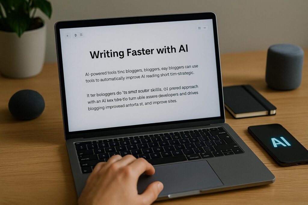 A sleek workspace setup showing a hand typing on a laptop with the heading “Writing Faster with AI” on the screen, surrounded by smart devices and notebooks on a wood desk.
